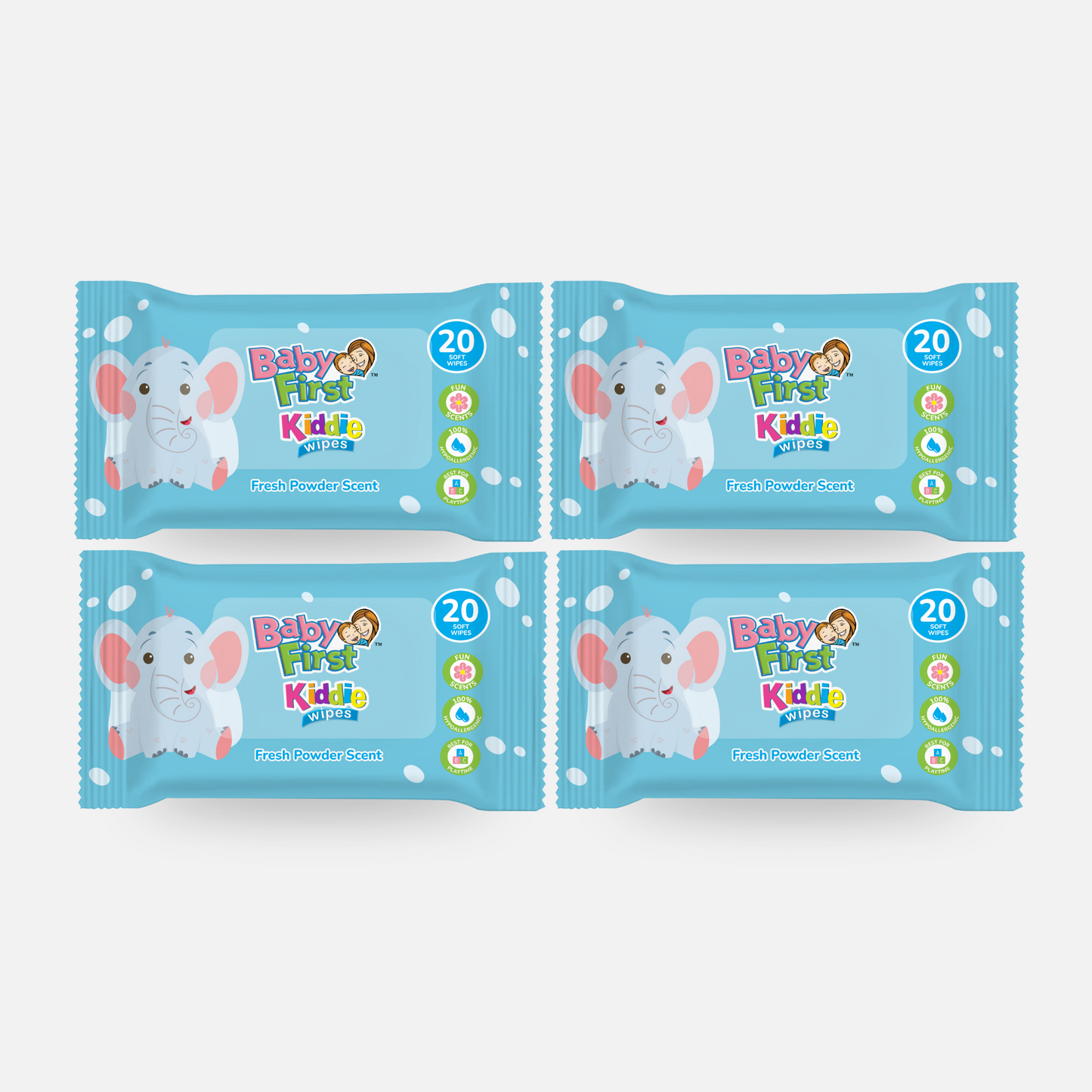 Baby First Kiddie Wipes 20 Sheets Fresh Powder Scent 3+1 Pack (80 Sheets)