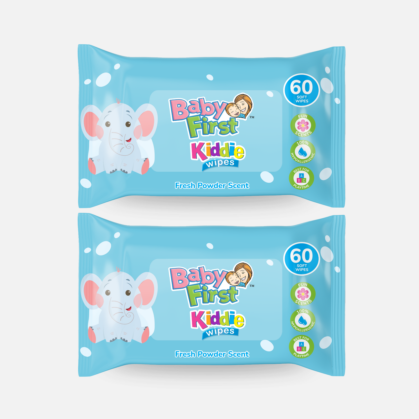 Baby First Kiddie Wipes 60 Sheets Fresh Powder Scent 2 Packs (120 Sheets)