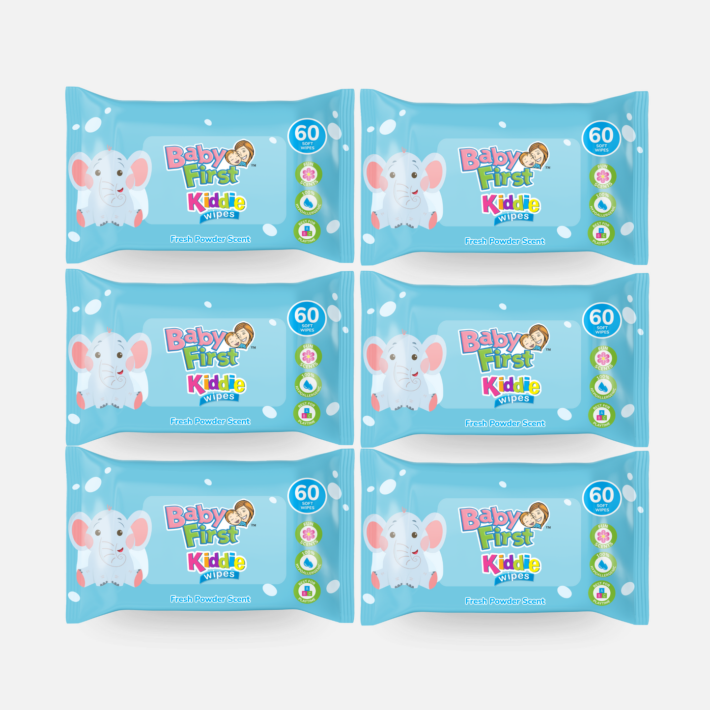 Baby First Kiddie Wipes 60 Sheets Fresh Powder Scent 4+2 Packs (360 Sheets)