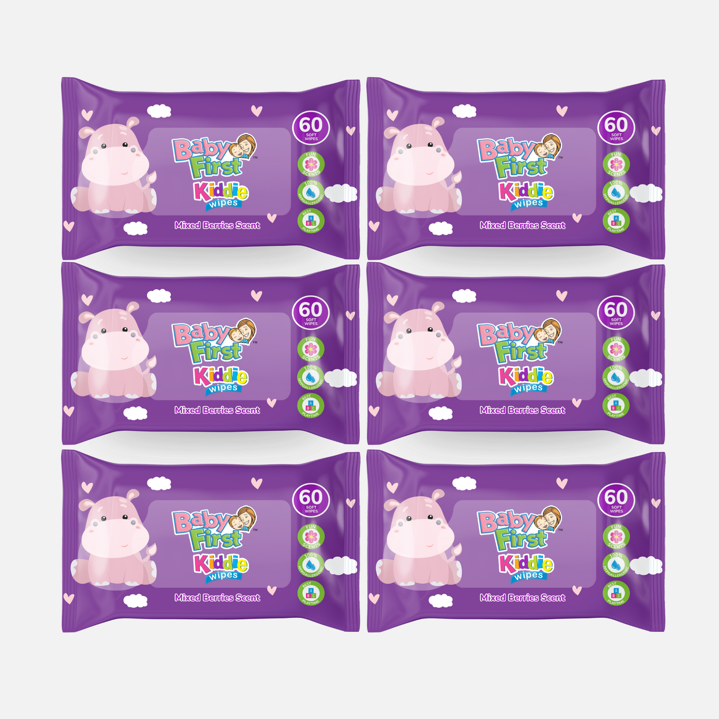 Baby First Kiddie Wipes 60 Sheets Mixed Berries Scent 4+2 Packs (360 Sheets)