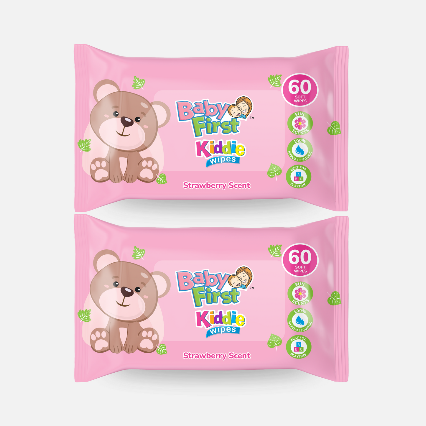 Baby First Kiddie Wipes 60 Sheets Strawberry Scent 2 Packs (120 Sheets)