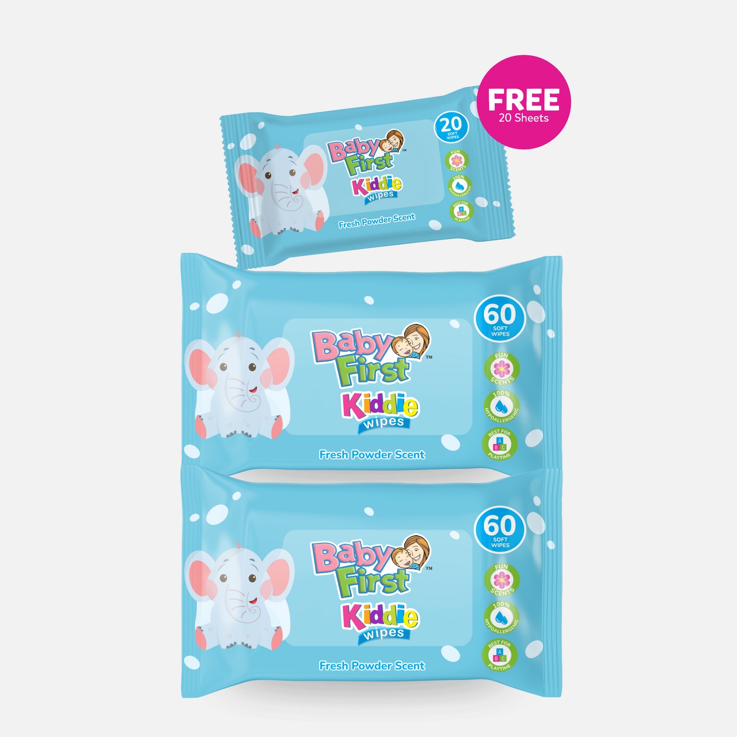 Baby First Kiddie Wipes 60 Sheets Fresh Powder Scent 2 Packs + 20 Sheets (140 Sheets)