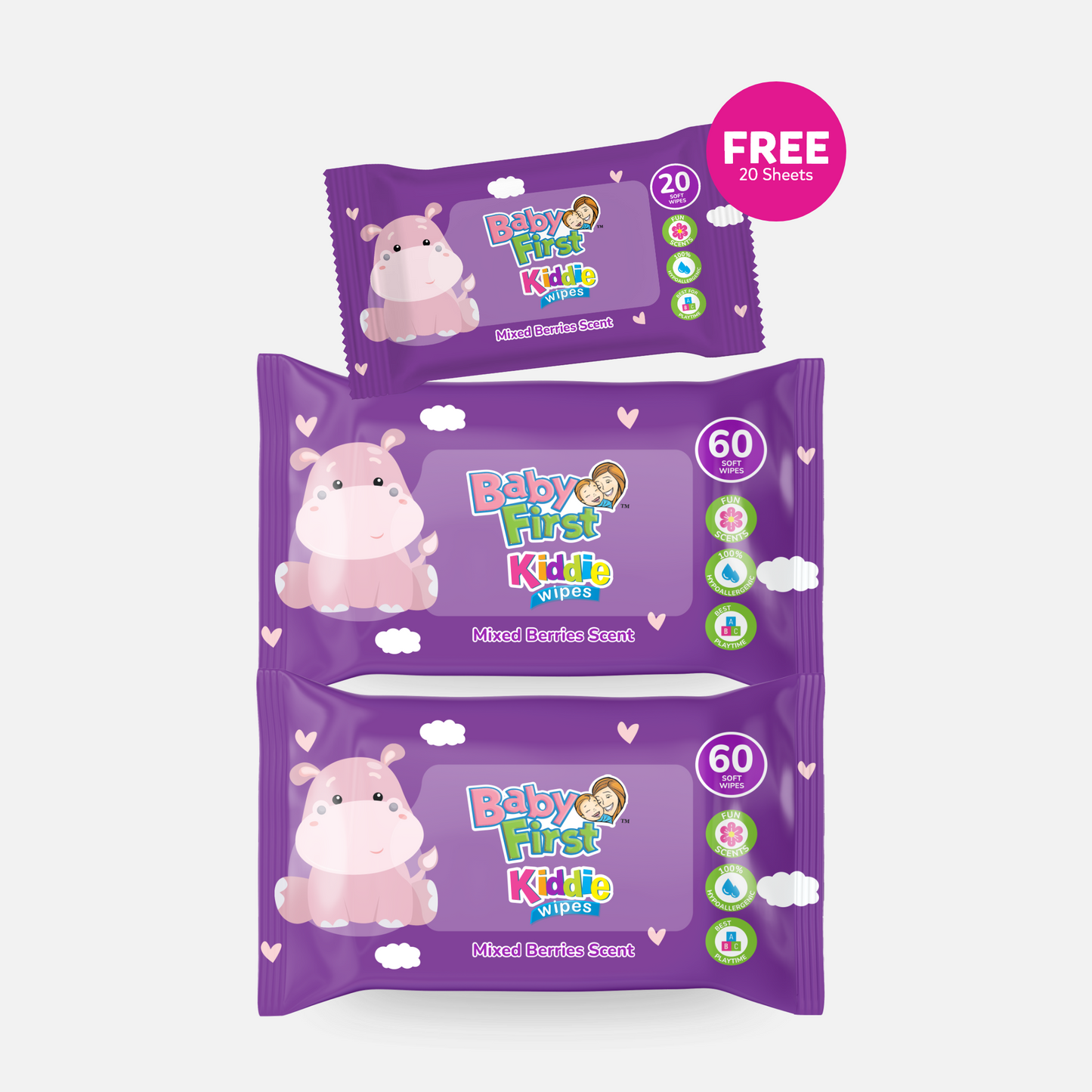 Baby First Kiddie Wipes 60 Sheets Mixed Berries Scent 2 Packs + 20 Sheets (140 Sheets)