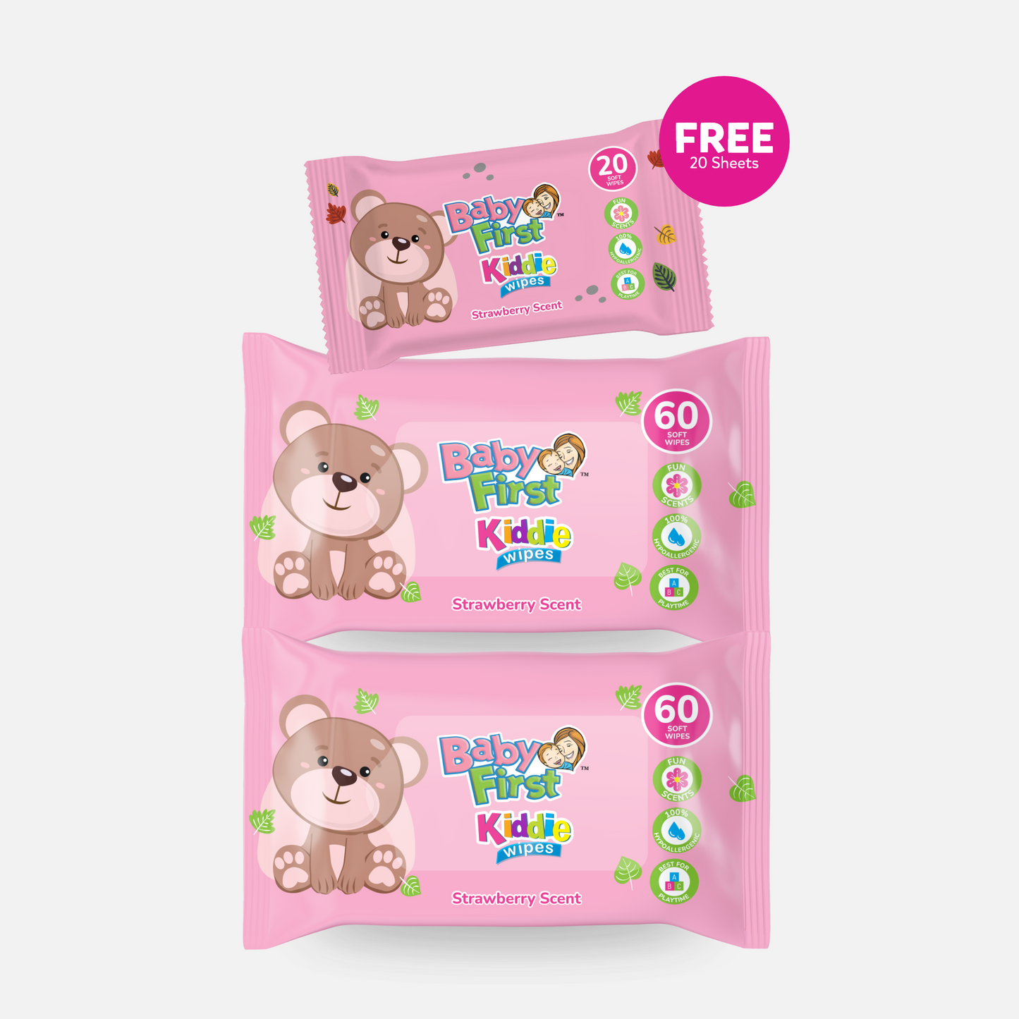 First Kiddie Wipes 60 Sheets Strawberry Scent 2 Packs + 20 Sheets (140 Sheets)