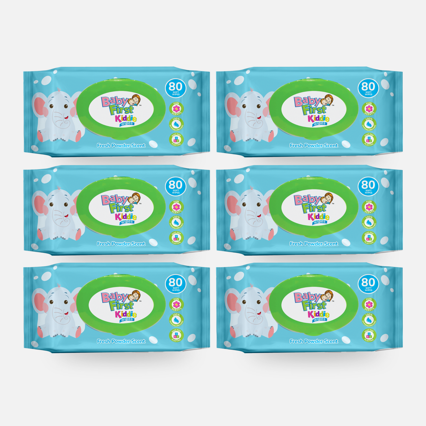 Baby First Kiddie Wipes 80 Sheets Fresh Powder Scent 6 Packs (480 Sheets)