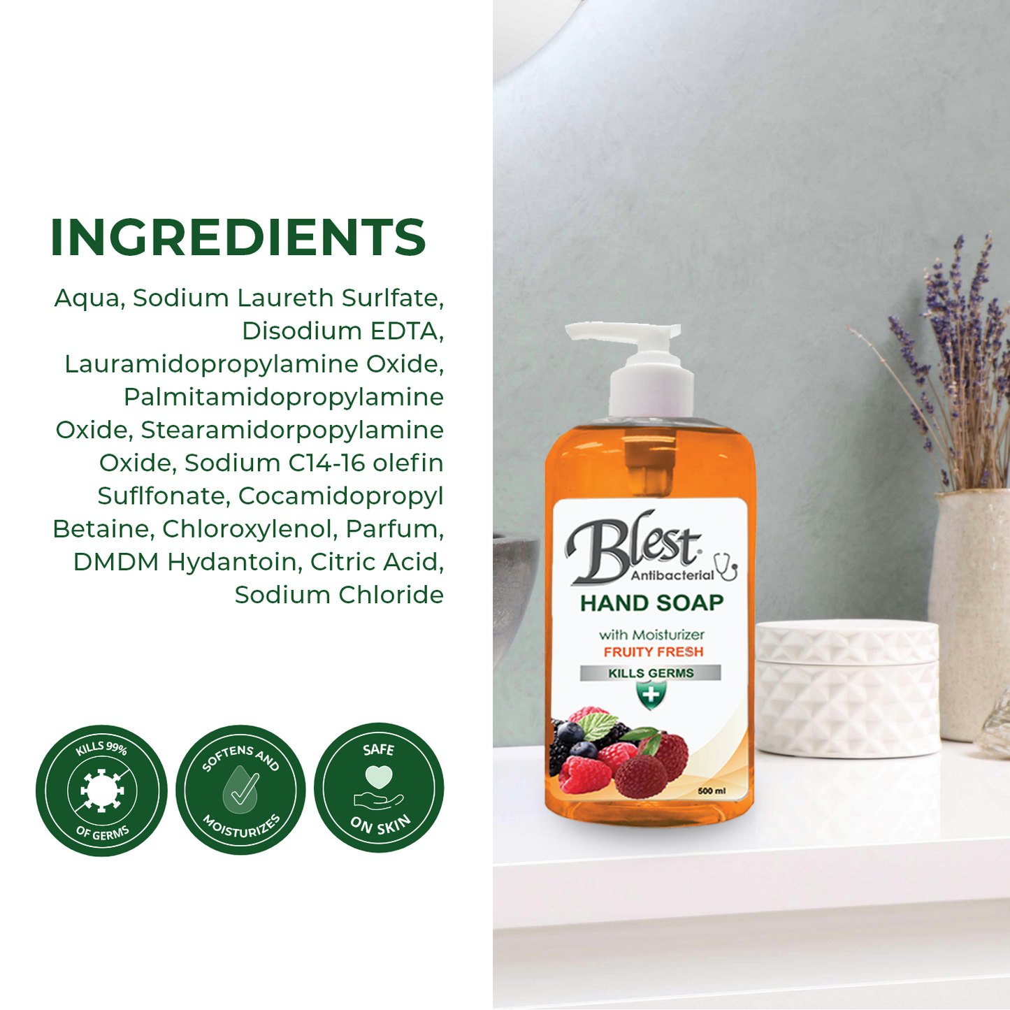 Blest Antibacterial Moisturizing Hand Soap 500ml 2 Bottles Fruity Fresh Scent