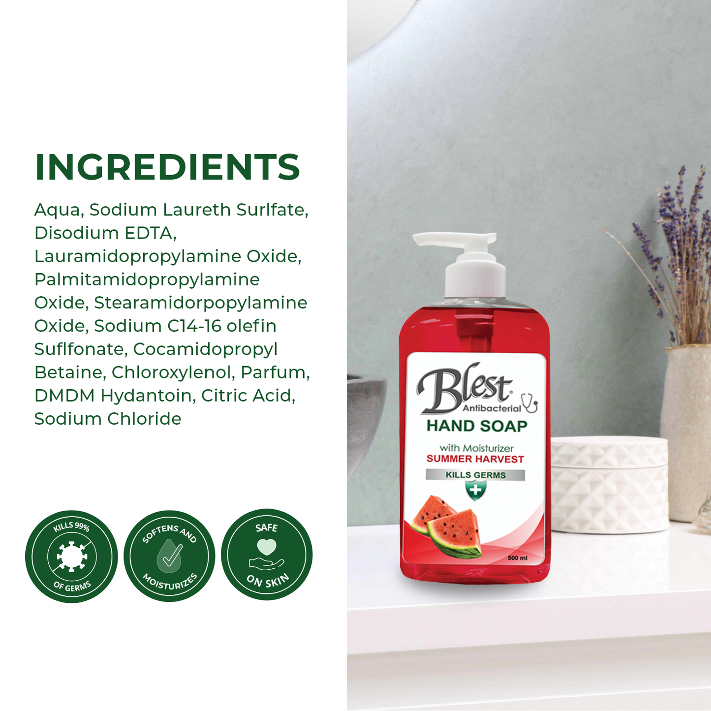 Blest Antibacterial Moisturizing Hand Soap 500ml 2 Bottles Summer Harvest Scent