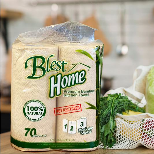 Blest Premium Bamboo Kitchen Towel 2 Ply 70 Pulls x 2 Rolls (140 Pulls)