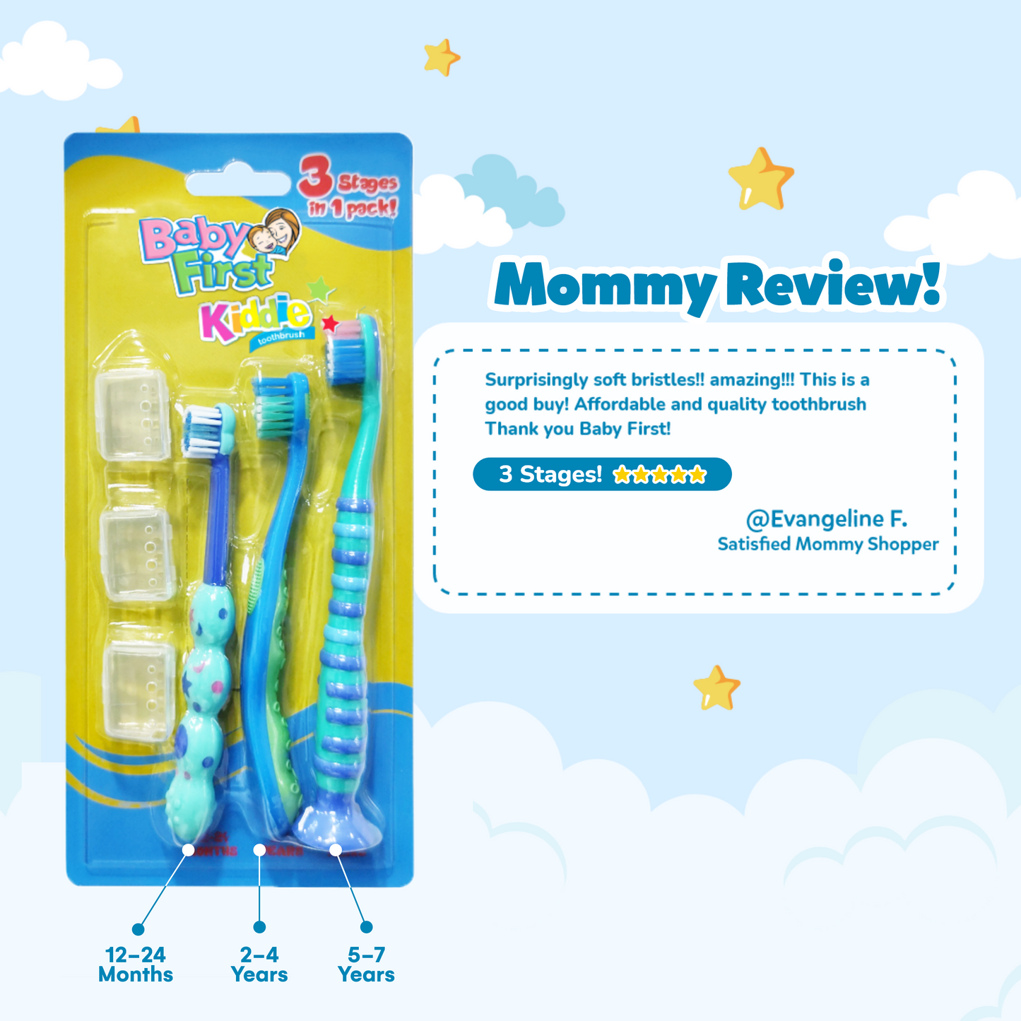 Baby First Kiddie Toothbrush 1-7 Years Old - 3 Stages x 2 Packs