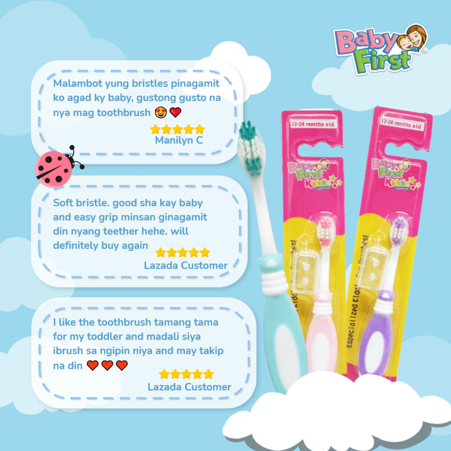 Baby First Kiddie Toothbrush 12-24 Months Old - Lady Bug 3+1 Packs