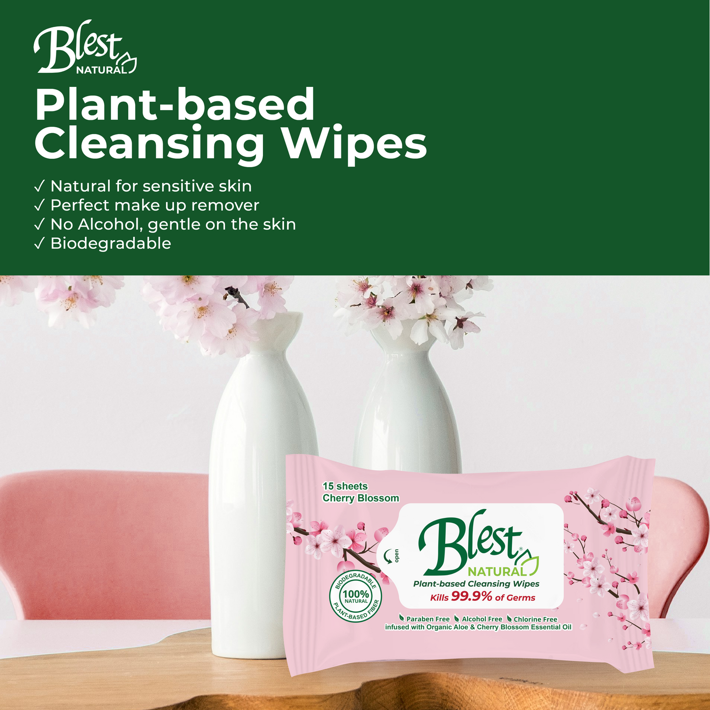 Blest Natural Plant-based Cleansing Wipes Cherry Blossom Scent 15 Sheets