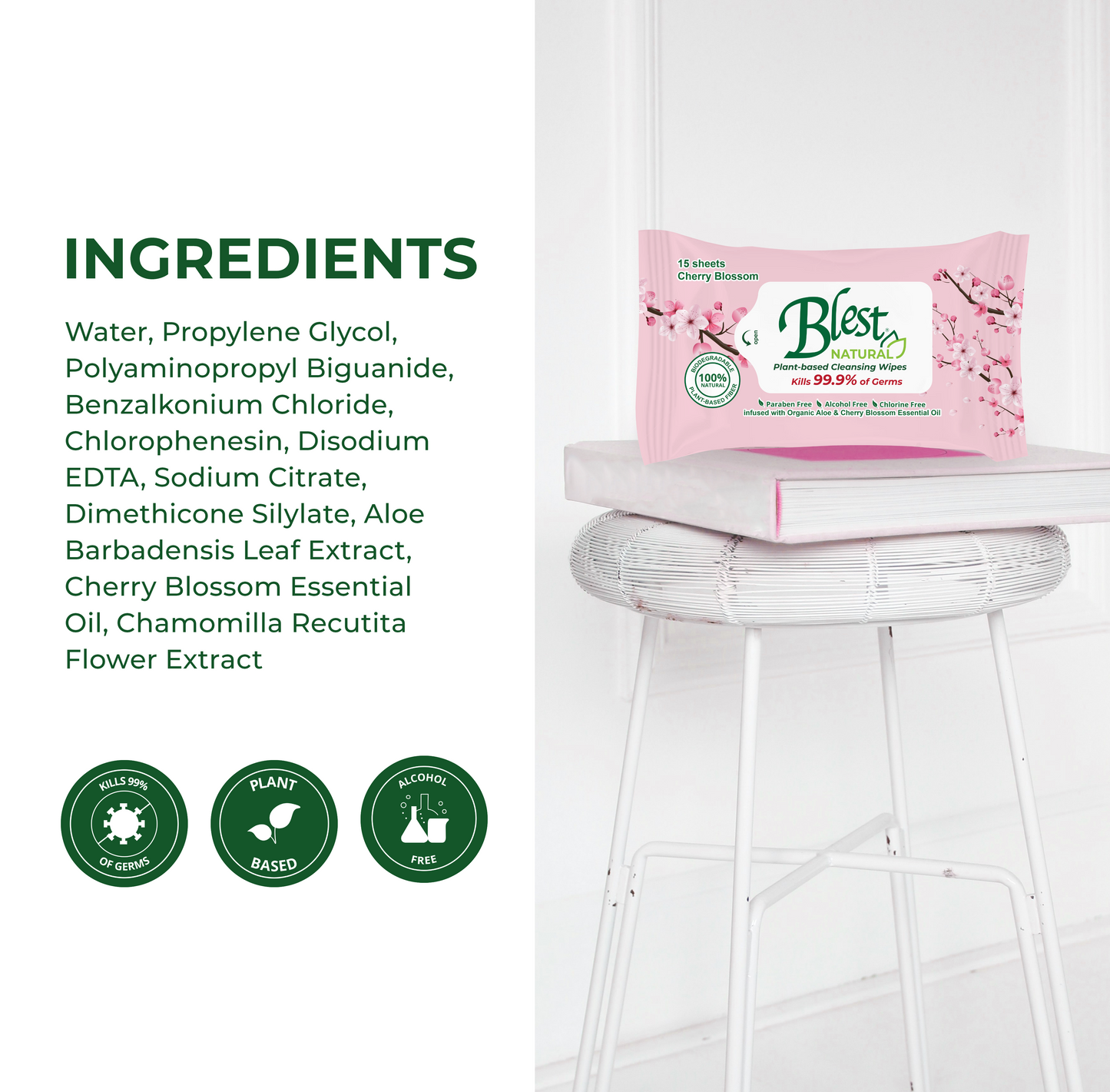 Blest Natural Plant-based Cleansing Wipes Cherry Blossom Scent 15 Sheets