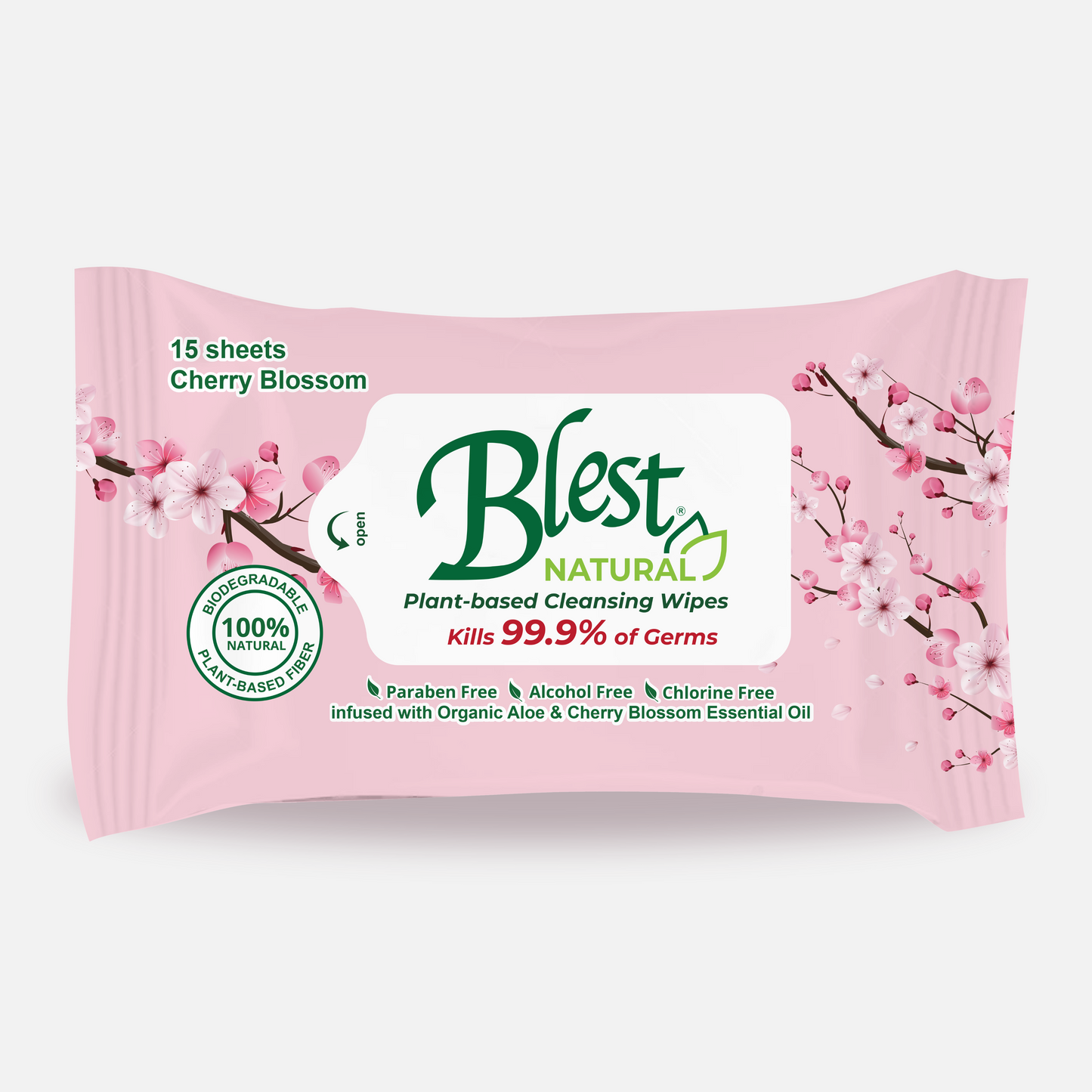 Blest Natural Plant-based Cleansing Wipes Cherry Blossom Scent 15 Sheets