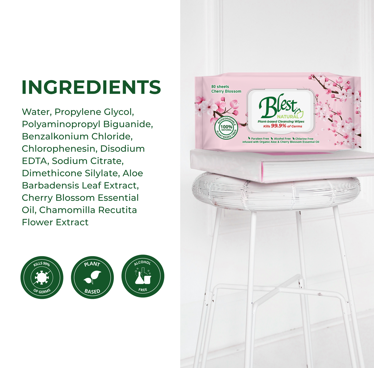 Blest Natural Plant-based Cleansing Wipes Cherry Blossom Scent 80 Sheets