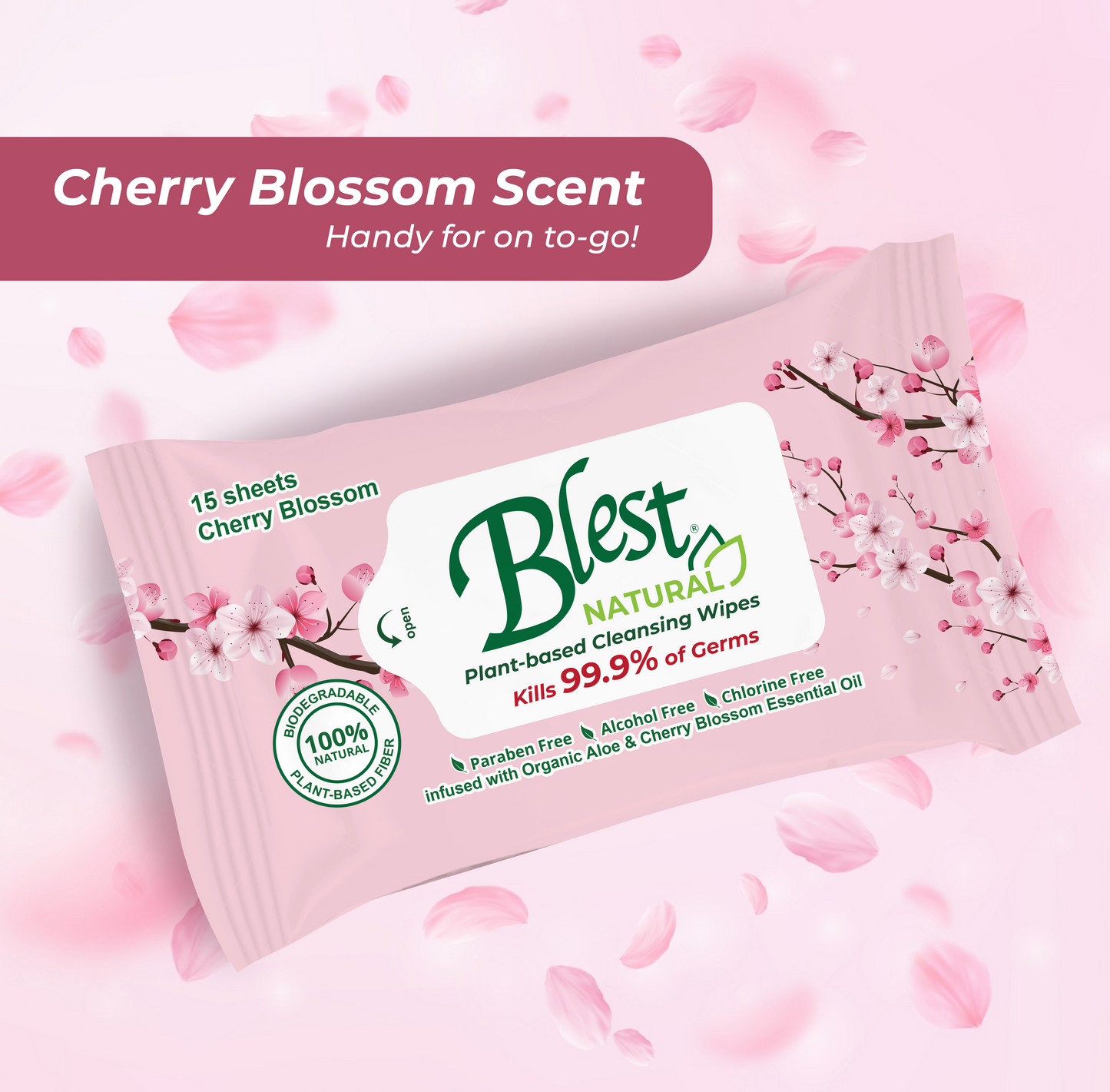 Blest Natural Plant-based Cleansing Wipes Cherry Blossom Scent 15 Sheets