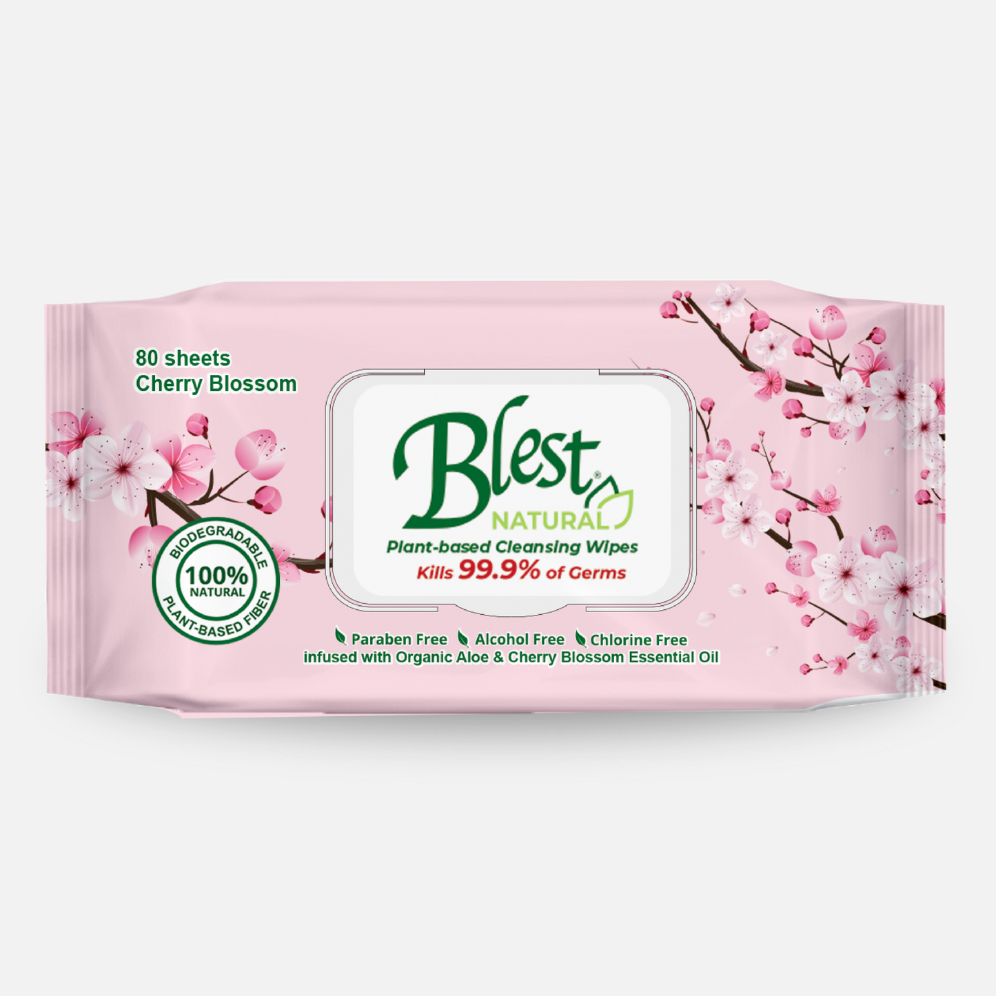 Blest Natural Plant-based Cleansing Wipes Cherry Blossom Scent 80 Sheets