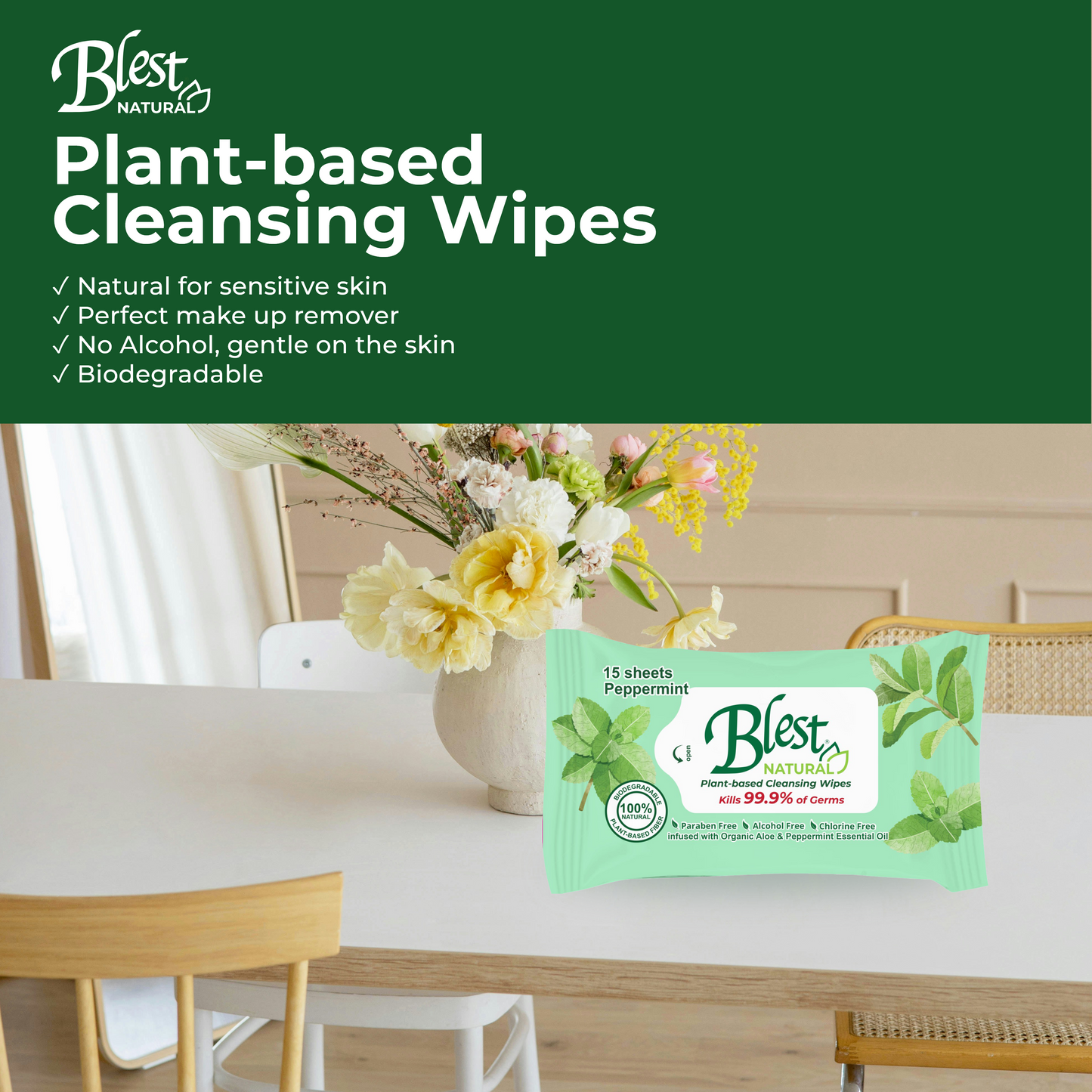 Blest Natural Plant-based Cleansing Wipes Peppermint Scent 15 Sheets