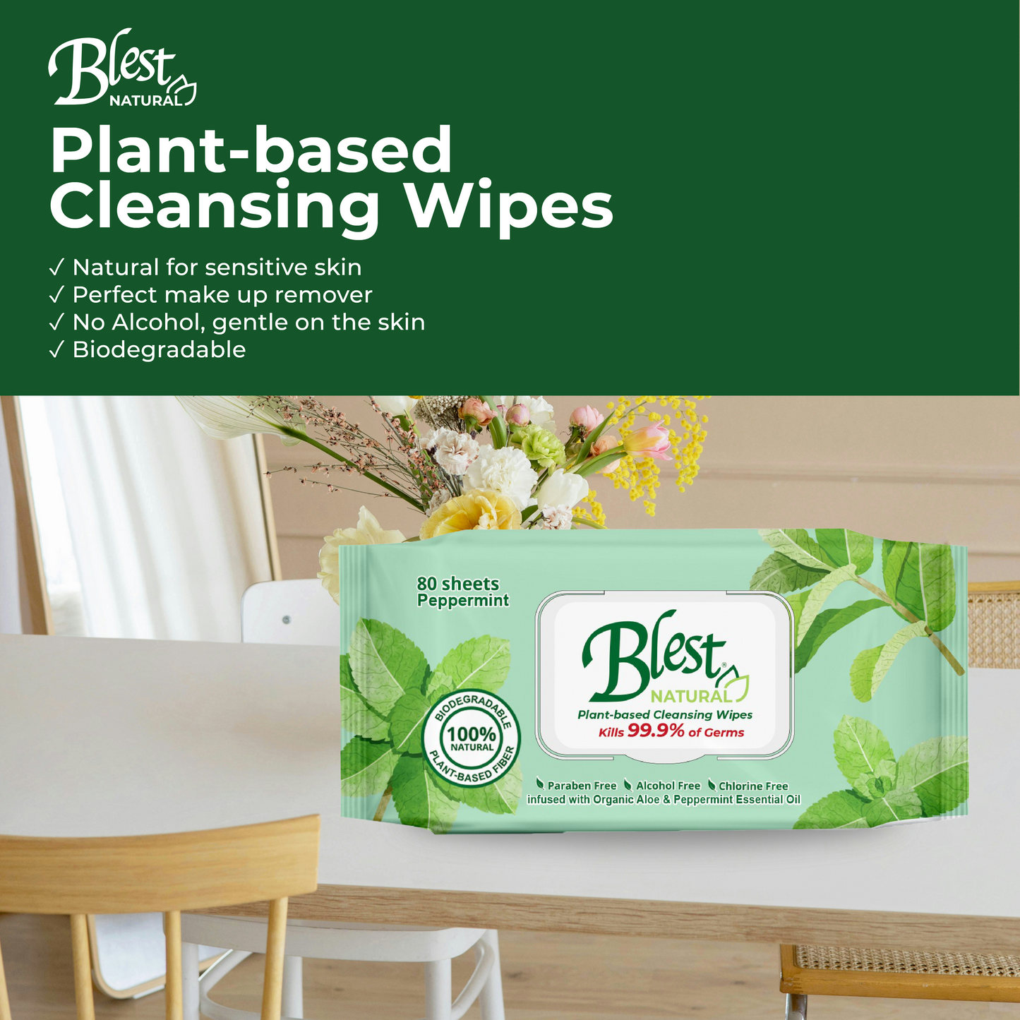 Blest Natural Plant-based Cleansing Wipes Peppermint Scent 80 Sheets