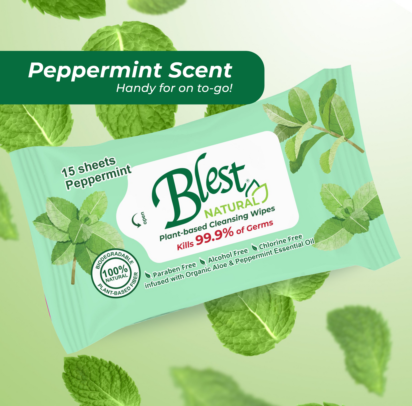 Blest Natural Plant-based Cleansing Wipes Peppermint Scent 80 Sheets