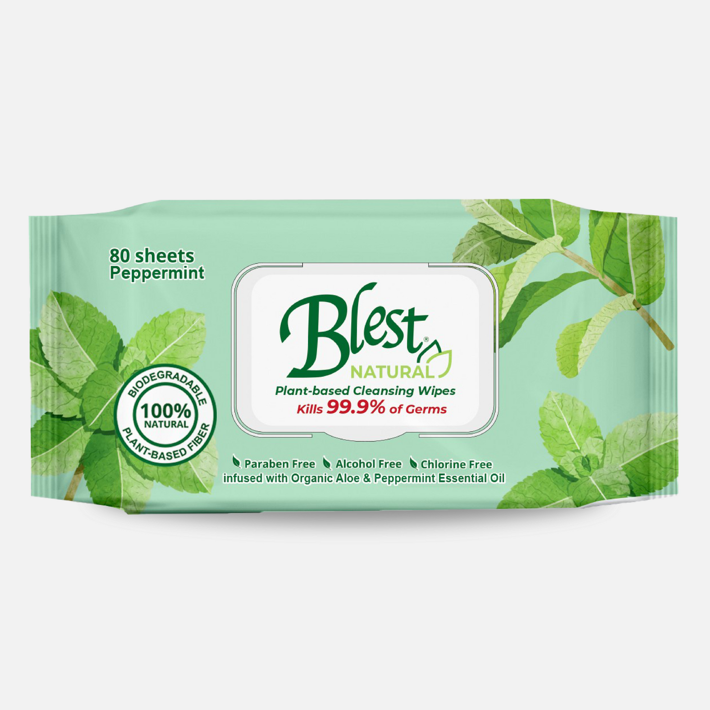 Blest Natural Plant-based Cleansing Wipes Peppermint Scent 80 Sheets