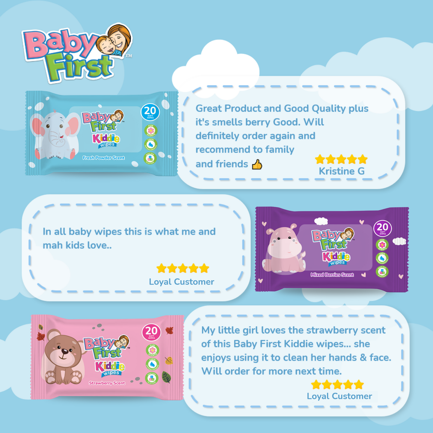 Baby First Kiddie Wipes 20 Sheets Mixed Berries Scent 3+1 Pack (80 Sheets)