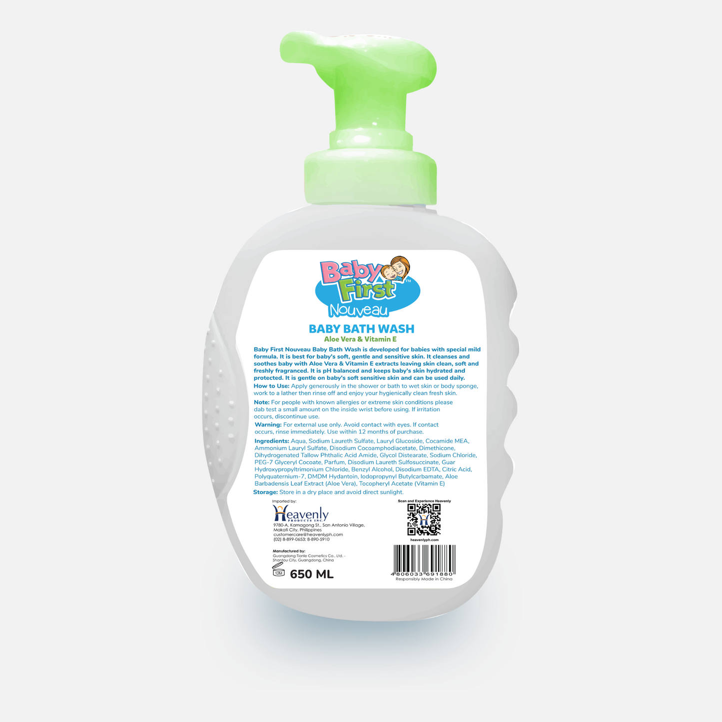 Baby First Nouveau Baby Bath Wash 650ml Aloe Vera & Vitamin E+ FREE Sponge