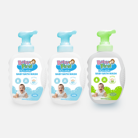 Baby First Nouveau Baby Bath Wash 650ml Milk Scent 2 Bottles +  Aloe Vera and Vitamin E Scent