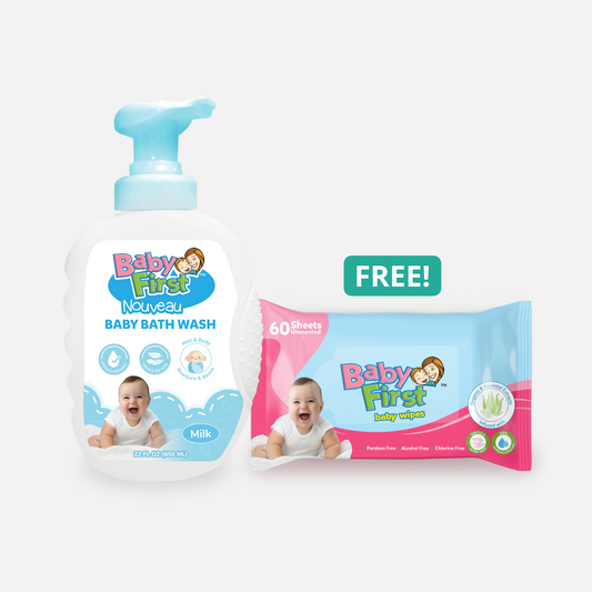 Baby First Nouveau Baby Bath Wash 650ml Milk + FREE Baby First Baby Wipes 60 Sheets