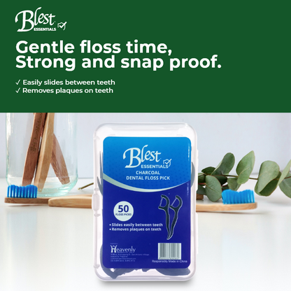 Blest Essentials Dental Floss Pick Charcoal 50 pieces x 2 Packs