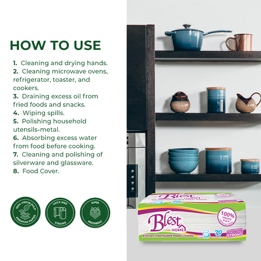 Blest Home Kitchen Interfolded Paper Towels 70 Pulls x 3 Packs Polybag (210 Pulls)