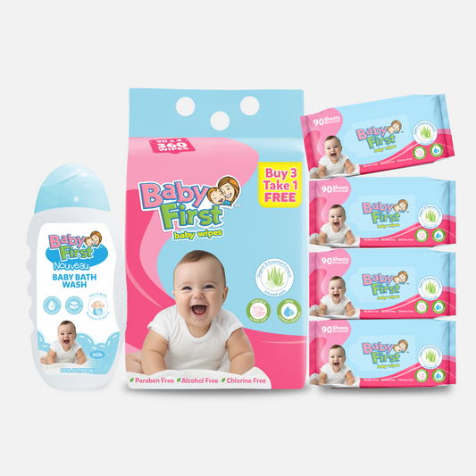 Baby First Baby Wipes 90 Sheets 3+1 Pack (360 Sheets) + Baby Bath Wash 300ml Milk