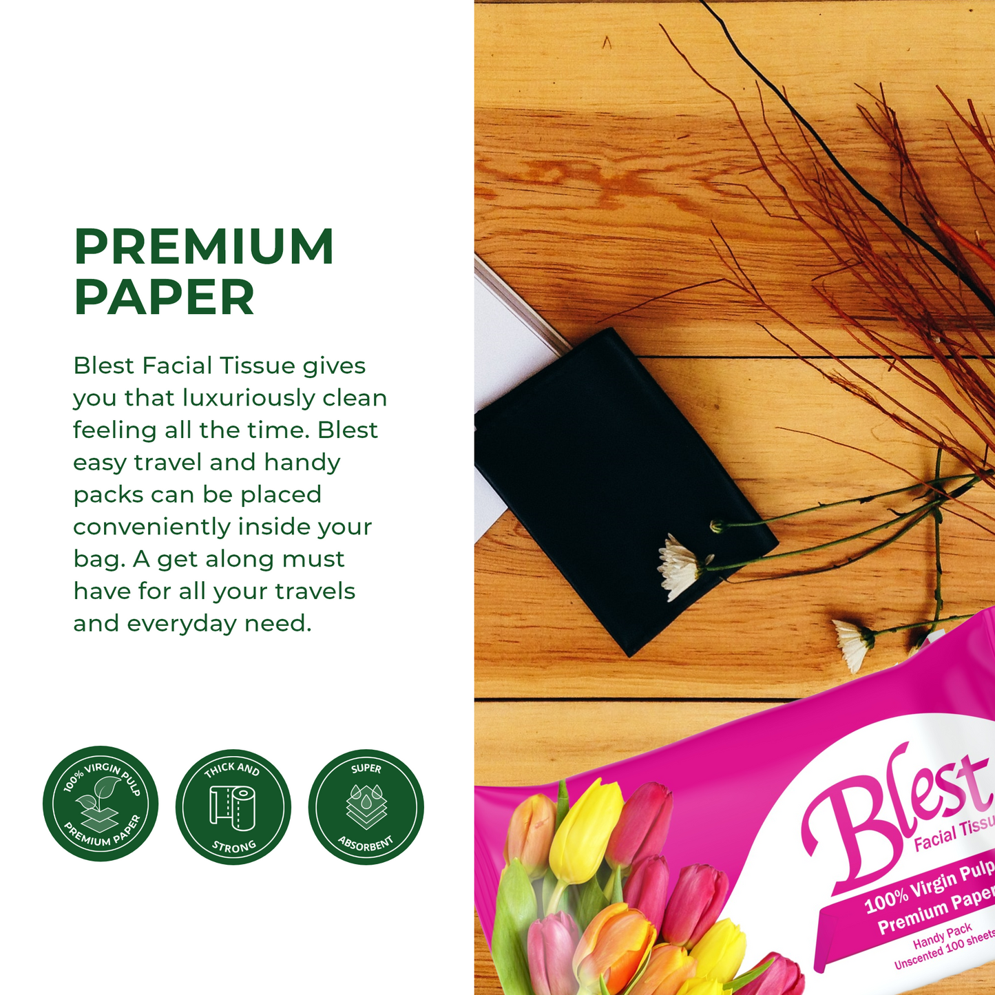Blest Facial Tissue Travel Pack 2 Ply 70 Pulls x 4 Packs (280 Pulls)