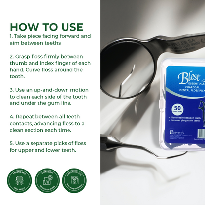 Blest Essentials Dental Floss Pick Charcoal 50 pieces x 2 Packs