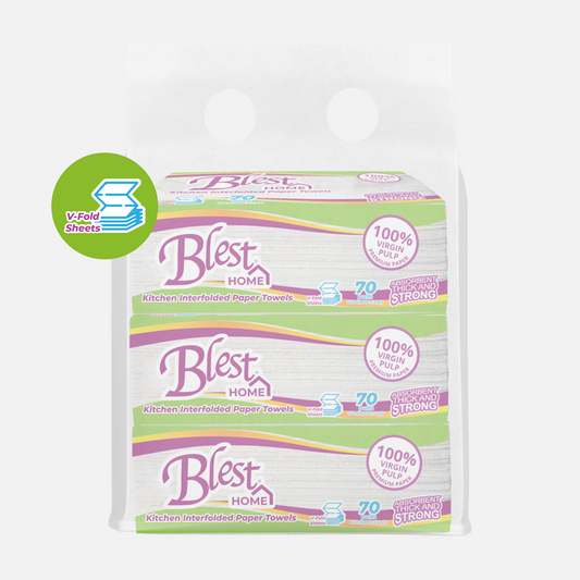 Blest Home Kitchen Interfolded Paper Towels 70 Pulls x 3 Packs Polybag (210 Pulls)