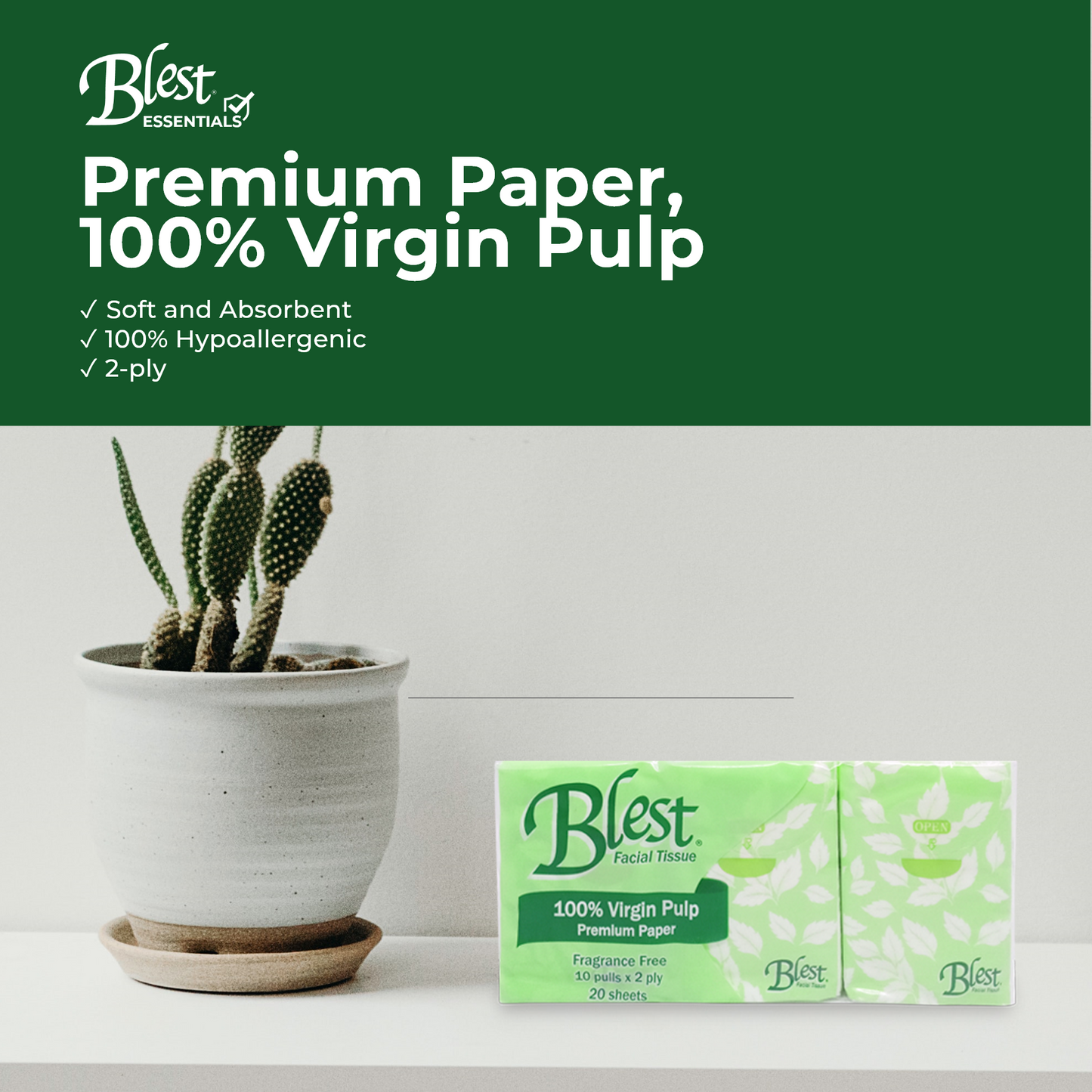 Blest Facial Pocket Tissue 2 Ply 10 Pulls x 6 Pocket (60 Pulls)