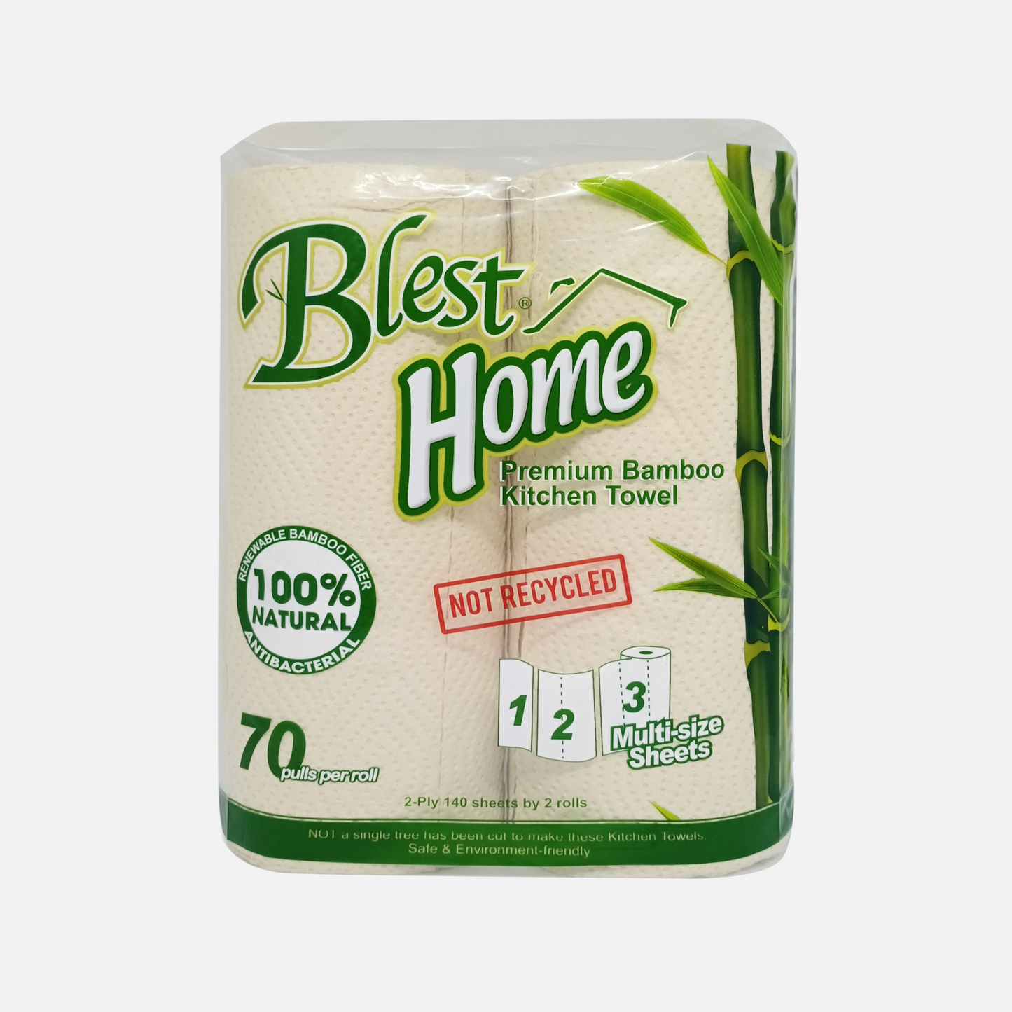 Blest Premium Bamboo Kitchen Towel 2 Ply 70 Pulls x 2 Rolls (140 Pulls)