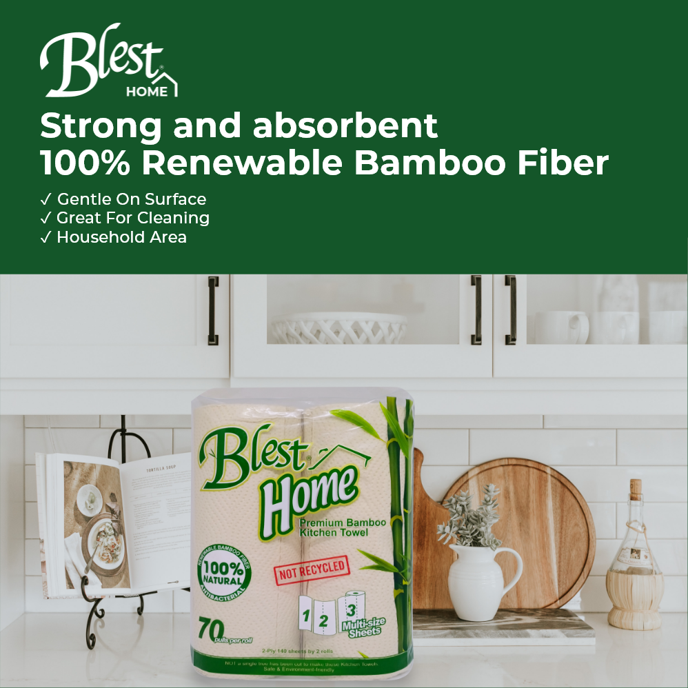 Blest Premium Bamboo Kitchen Towel 2 Ply 70 Pulls x 2 Rolls (140 Pulls)
