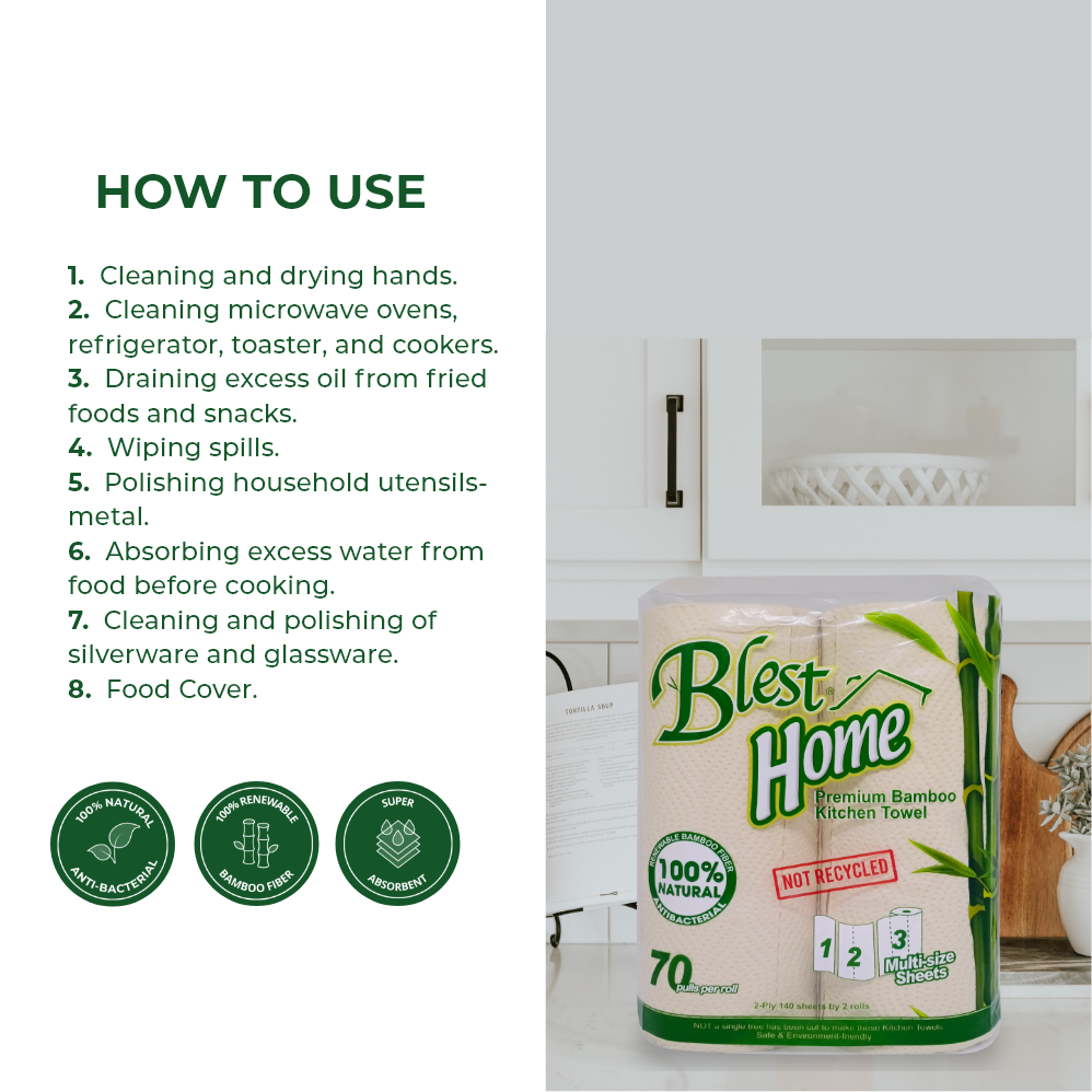 Blest Premium Bamboo Kitchen Towel 2 Ply 70 Pulls x 2 Rolls (140 Pulls)