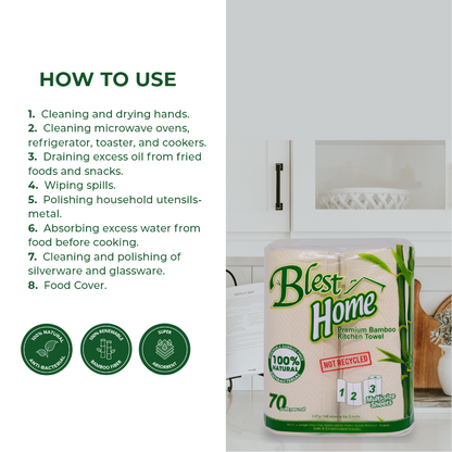 Blest Premium Bamboo Kitchen Towel 2 Ply 70 Pulls x 2 Rolls (140 Pulls)