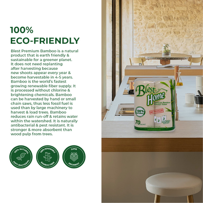 Blest Premium Bamboo Kitchen Towel 2 Ply 70 Pulls x 2 Rolls (140 Pulls)