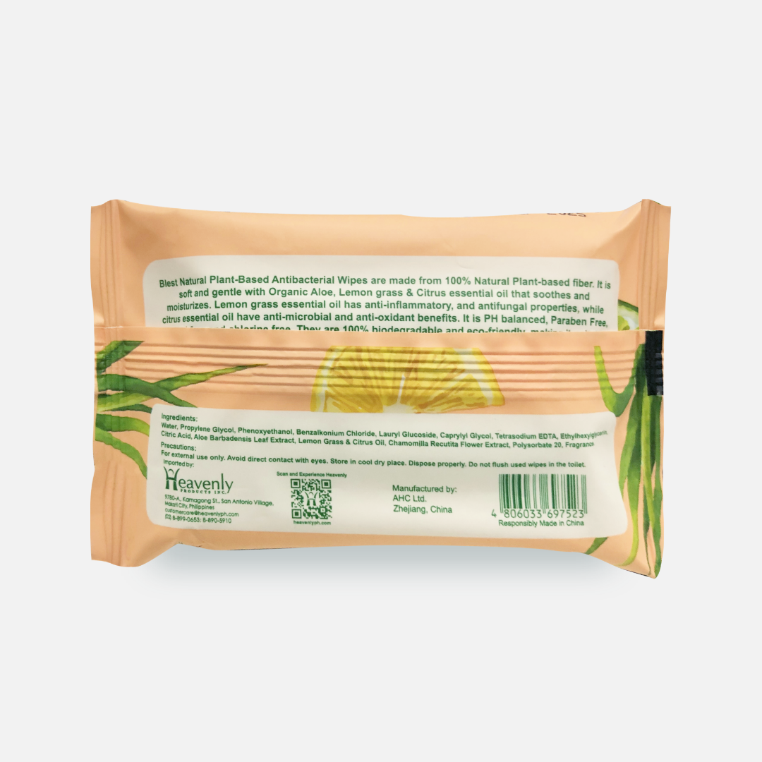 Blest Natural Plant-based Antibacterial Wipes 10 Sheets x 5 Packs Lemon Grass and Citrus