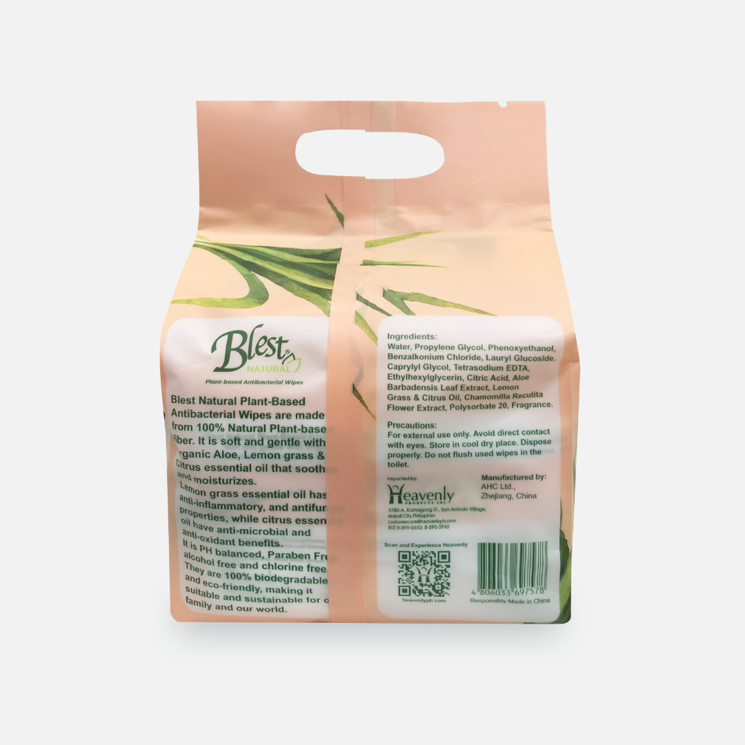 Blest Natural Plant-based Antibacterial Wipes 10 Sheets x 5 Packs Lemon Grass and Citrus