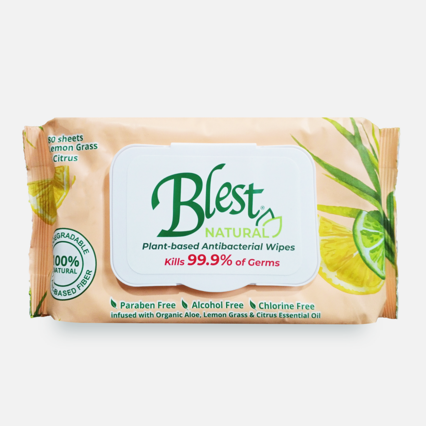 Blest Natural Plant-based Antibacterial Wipes 80 Sheets Lemon Grass and Citrus