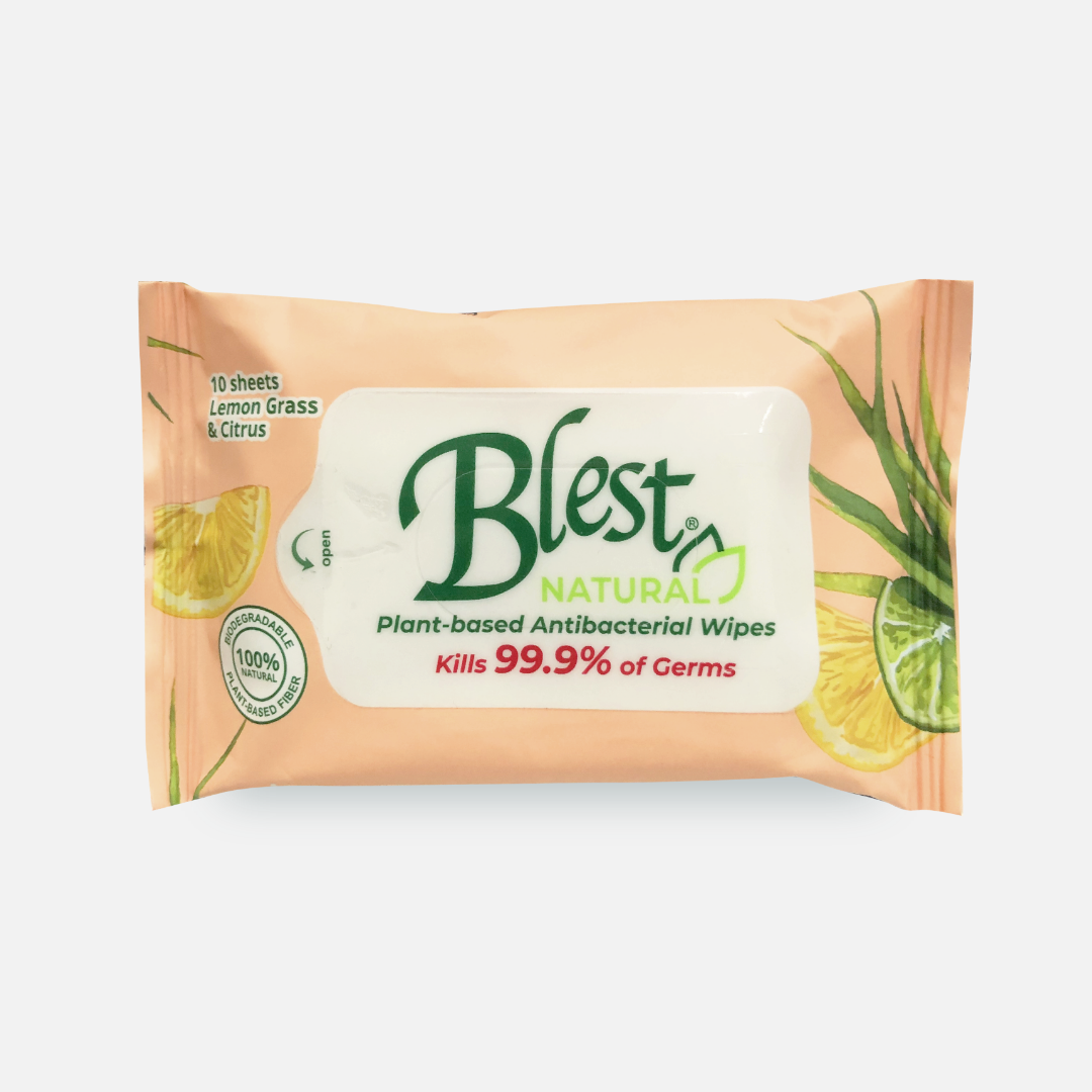 Blest Natural Plant-based Antibacterial Wipes 10 Sheets x 5 Packs Lemon Grass and Citrus