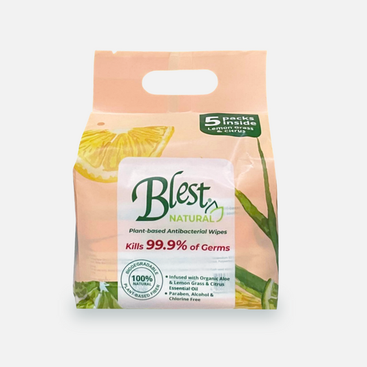 Blest Natural Plant-based Antibacterial Wipes 10 Sheets x 5 Packs Lemon Grass and Citrus