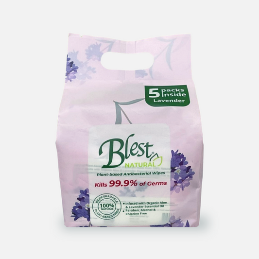 Blest Natural Plant-based Antibacterial Wipes 10 Sheets x 5 Packs Lavender