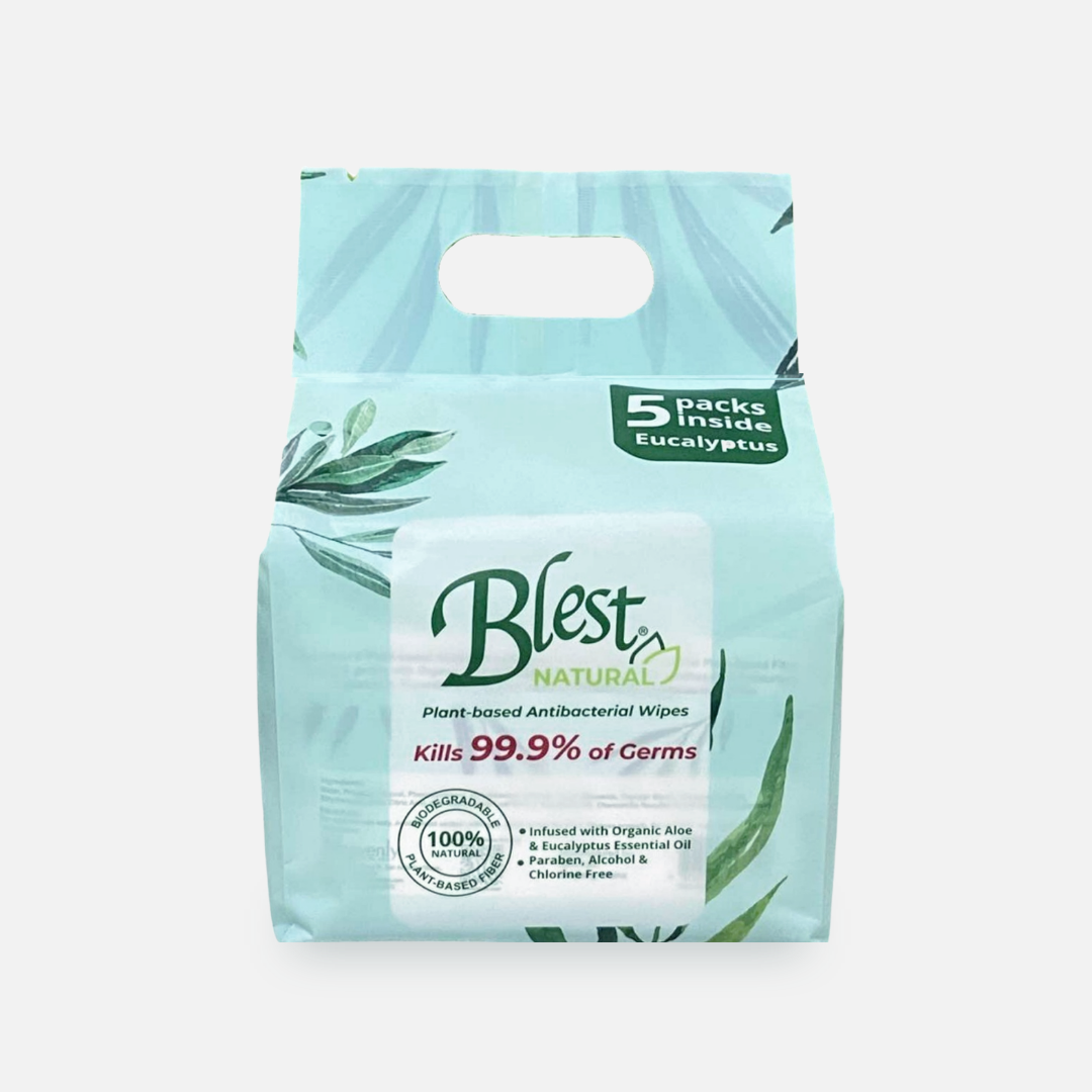 Blest Natural Plant-based Antibacterial Wipes 10 Sheets x 5 Packs Eucalyptus