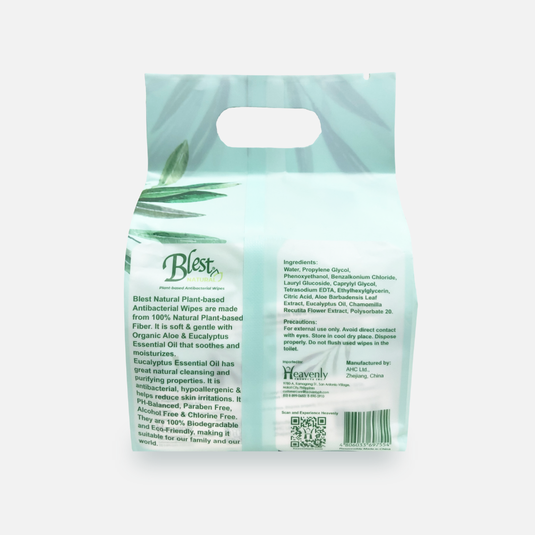 Blest Natural Plant-based Antibacterial Wipes 10 Sheets x 5 Packs Eucalyptus