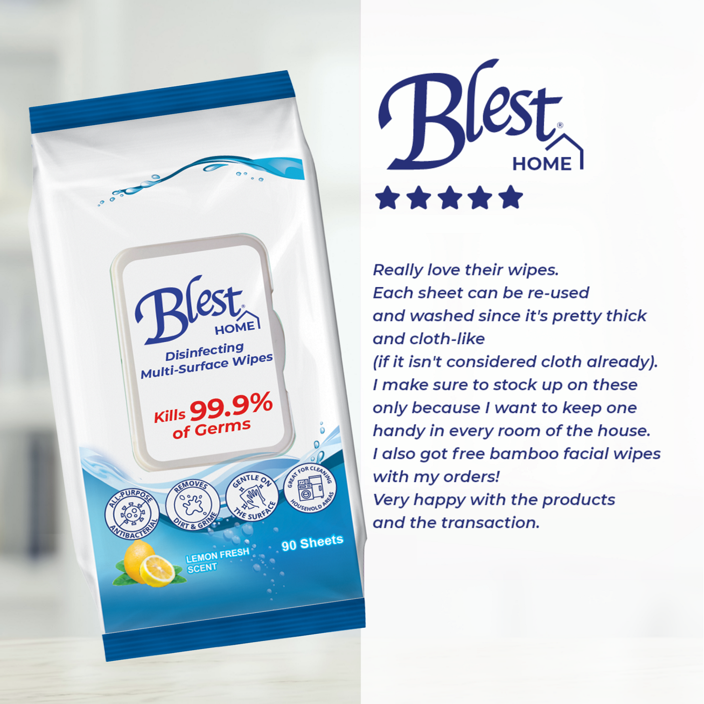 Blest Home Disinfecting Multi-Purpose Wipes 90 Sheets x 6 Packs (540 Sheets)