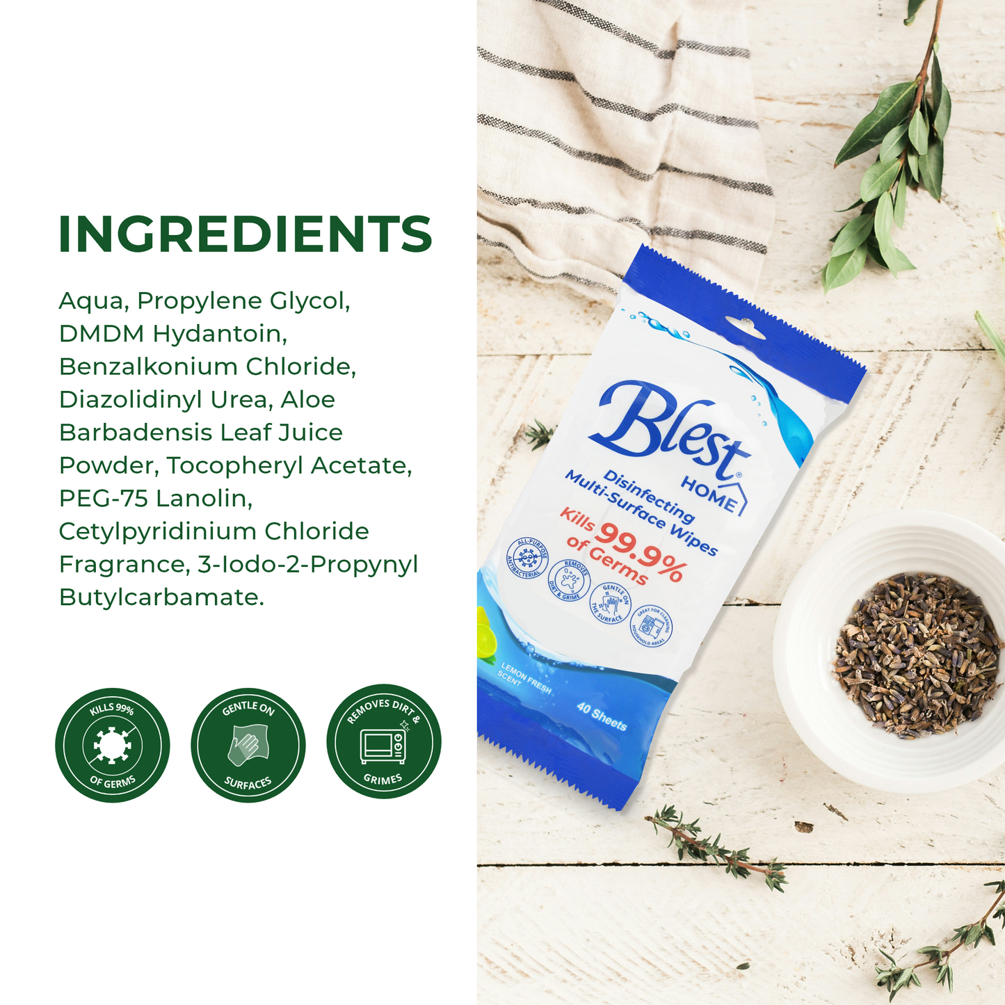 Blest Home Disinfecting Multi-Purpose Wipes 40 Sheets